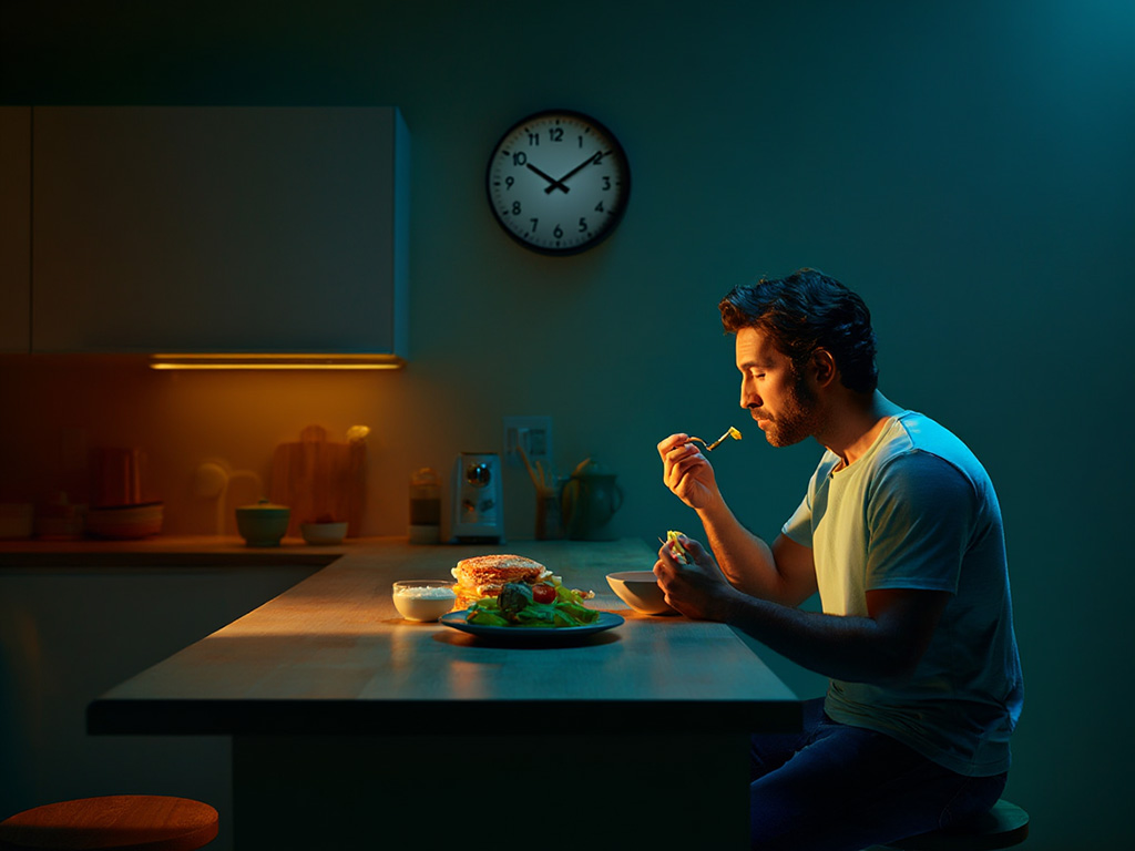 Persoon die 's avonds laat aan het eten is
